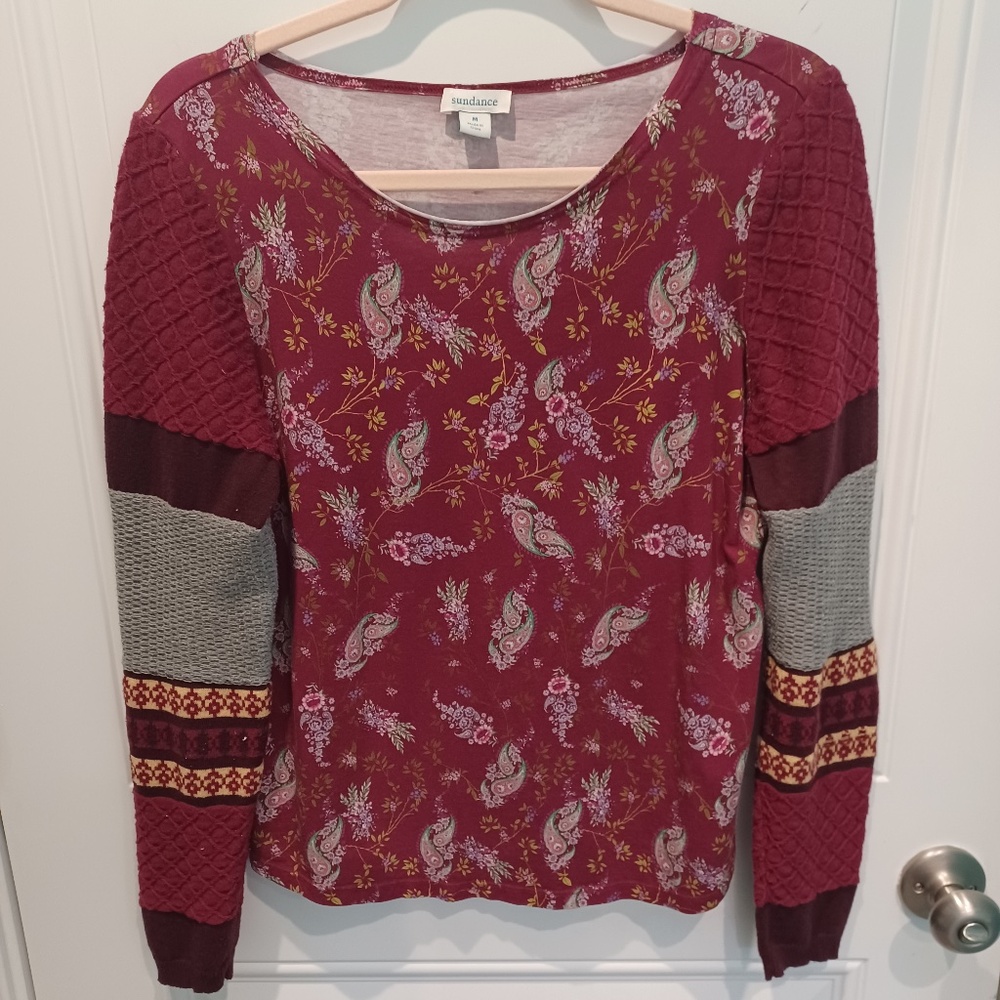 SUNDANCE UNIQUE BOHO MULTI-TEXTURED & PATTERNED BURGUNDY PAISLEY COTTON TOP!